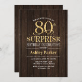 Überraschung 80. Geburtstagsparty - Gold Wood Einladung (Vorne/Hinten)