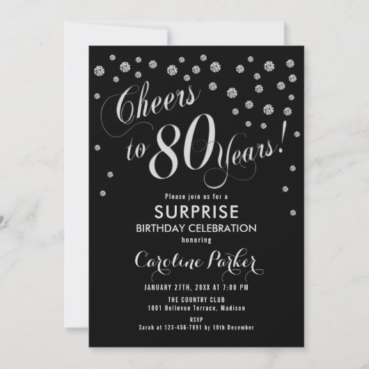 Überraschung 80. Geburtstagsparty - Silver Black Einladung (Vorderseite)