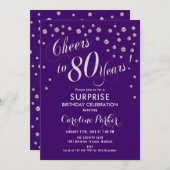 Überraschung 80. Geburtstagsparty - Silver Lila Einladung (Vorne/Hinten)