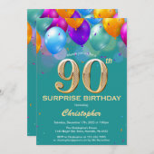 Überraschung 90. Geburtstag Aquamarin und Gold Bal Einladung (Vorne/Hinten)