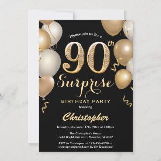 Überraschung 90. Geburtstag Black and Gold Ballons Einladung