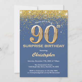 Überraschung 90. Geburtstag Blau und Gold Glitzer Einladung
