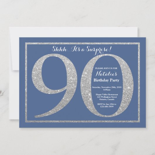 Überraschung 90. Geburtstag Blau und Silber Glitze Einladung (Vorderseite)