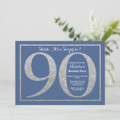 Überraschung 90. Geburtstag Blau und Silber Glitze Einladung (Stehend Vorderseite)