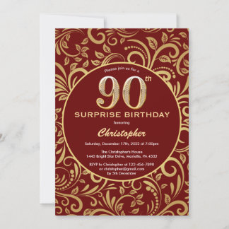 Überraschung 90. Geburtstag Burgund Red & Gold Flo Einladung