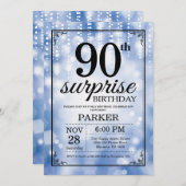Überraschung 90. Geburtstag Einladung Blauer Glitz (Vorne/Hinten)