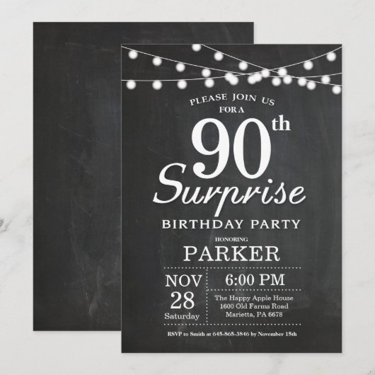 Überraschung 90. Geburtstag Einladung Chalkboard (Vorne/Hinten)