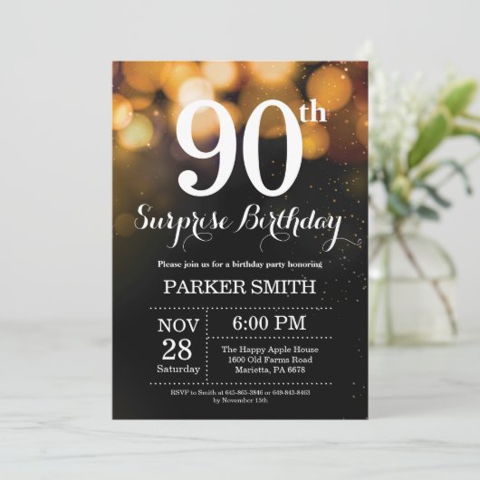 Überraschung 90. Geburtstag Einladung Gold Glitzer (Stehend Vorderseite)