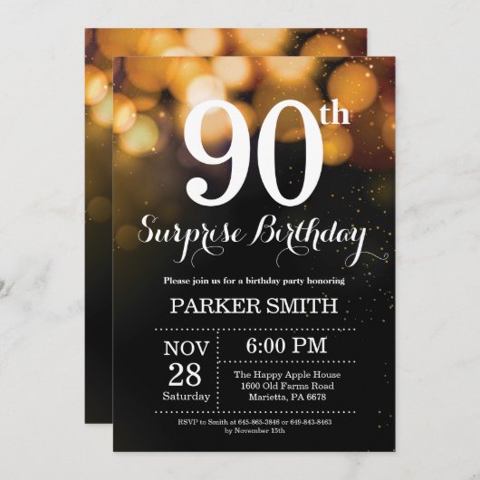 Überraschung 90. Geburtstag Einladung Gold Glitzer (Vorne/Hinten)