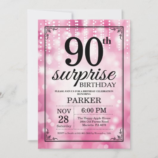 Überraschung 90. Geburtstag Einladung Pink Glitzer (Vorderseite)