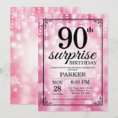Überraschung 90. Geburtstag Einladung Pink Glitzer (Vorne/Hinten)