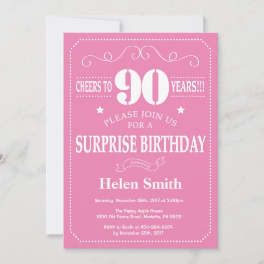 Überraschung 90. Geburtstag Einladung Rosa und Wei (Vorderseite)