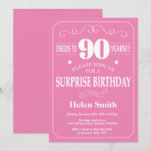 Überraschung 90. Geburtstag Einladung Rosa und Wei (Vorne/Hinten)