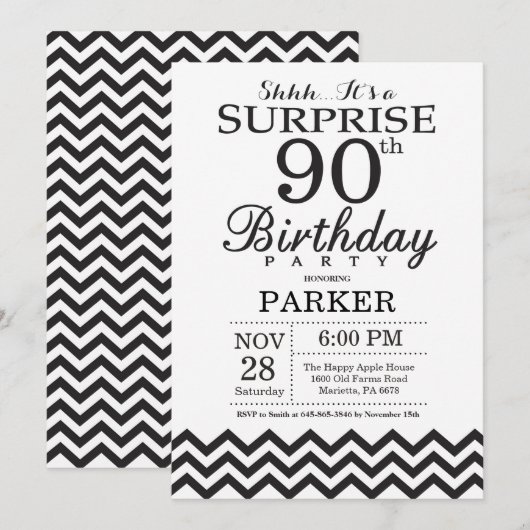 Überraschung 90. Geburtstag Einladung Schwarz Zick (Vorne/Hinten)