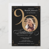 Überraschung 90. Geburtstag Gold Black Custom Foto Einladung (Vorderseite)