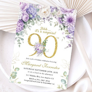Überraschung 90. Geburtstag Gold Glitter Lila Blum Einladung