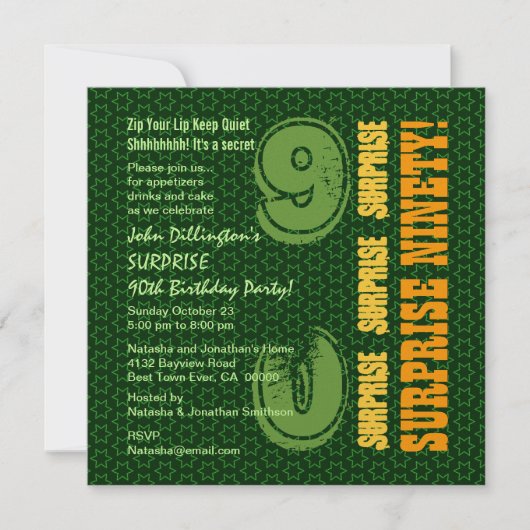 ÜBERRASCHUNG 90. Geburtstag Grüne Gold Stars W1886 Einladung (Vorderseite)