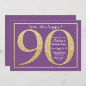 Überraschung 90. Geburtstag Lila und Gold Glitzer Einladung (Vorne/Hinten)