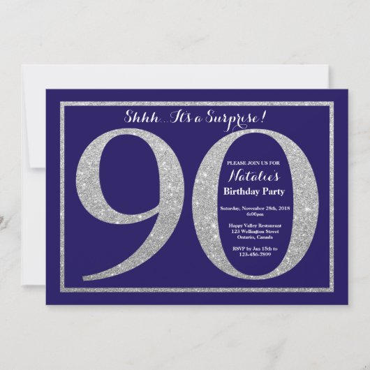 Überraschung 90. Geburtstag Navy Blue Silver Glitz Einladung (Vorderseite)