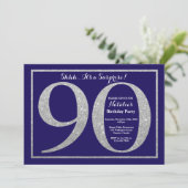 Überraschung 90. Geburtstag Navy Blue Silver Glitz Einladung (Stehend Vorderseite)