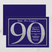Überraschung 90. Geburtstag Navy Blue Silver Glitz Einladung (Vorne/Hinten)