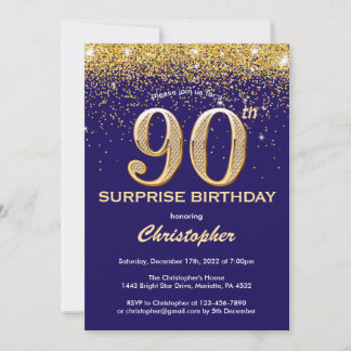 Überraschung 90. Geburtstag Navy Blue und Gold Gli Einladung