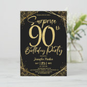 Überraschung 90. Geburtstag Party Chic Black & Gol Einladung (Stehend Vorderseite)