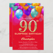 Überraschung 90. Geburtstag Rot und Gold Ballons Einladung (Vorne/Hinten)