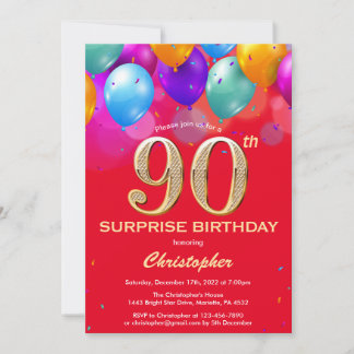 Überraschung 90. Geburtstag Rot und Gold Ballons Einladung