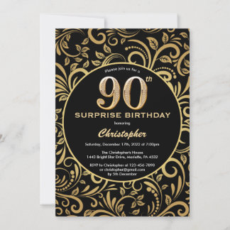 Überraschung 90. Geburtstag Schwarz und Gold Flora Einladung