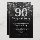 Überraschung 90. Geburtstag - Schwarzes Silber Einladung (Vorne/Hinten)