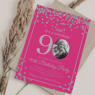 Überraschung 90. Geburtstag Silbernes Konfetti Hot Einladung