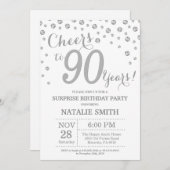 Überraschung 90. Geburtstag Silver Glitzer Diamond Einladung (Vorne/Hinten)
