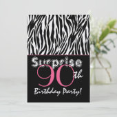 ÜBERRASCHUNG 90. Geburtstag Zebrastreifen Schwarz- Einladung (Stehend Vorderseite)