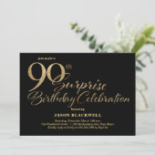Überraschung 90. Geburtstagsfeier Black & Gold Einladung (Stehend Vorderseite)