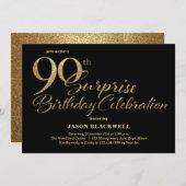 Überraschung 90. Geburtstagsfeier Black & Gold Einladung (Vorne/Hinten)