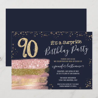 Überraschung 90. Geburtstagsparty Glitzer Cake Einladung