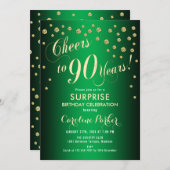 Überraschung 90. Geburtstagsparty - Gold Green Einladung (Vorne/Hinten)