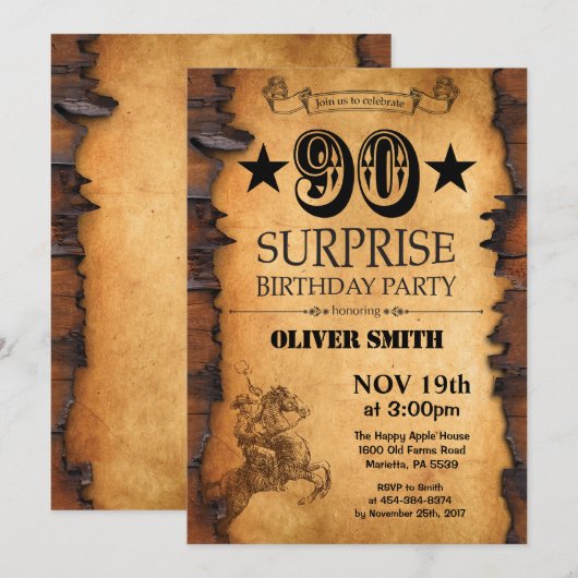 Überraschung 90. Western Geburtstag Einladung (Vorne/Hinten)