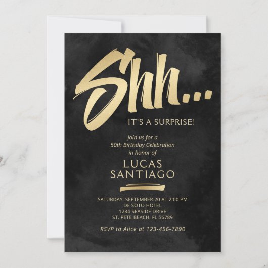 Überraschung Birthday Black Gold Einladung (Vorderseite)