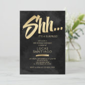 Überraschung Birthday Black Gold Einladung (Stehend Vorderseite)