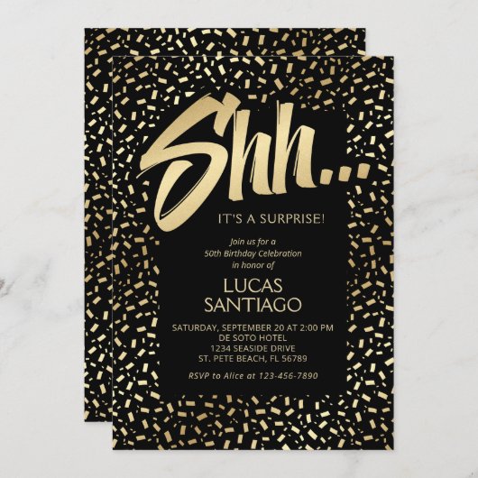 Überraschung Black Gold Confetti Geburtstag Einladung (Vorne/Hinten)