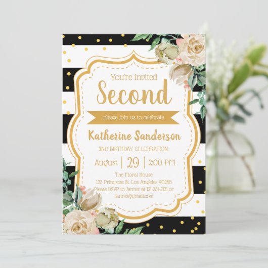 Überraschung Blumenmuster Schwarz-weiße Streifen G Einladung (Stehend Vorderseite)