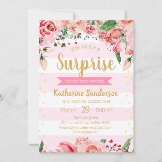 Überraschung Blumenrot Rosa Streifen Geburtstagspa Einladung (Vorderseite)