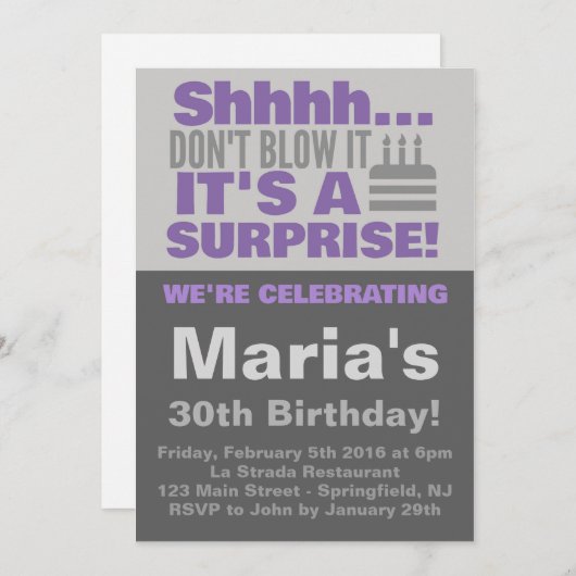 Überraschung Cake Party Lila Geburtstag Einladung (Vorne/Hinten)