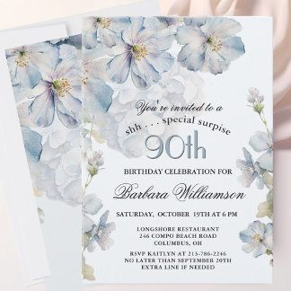 ÜBERRASCHUNG Elegant Blaue Blumen 90. Geburtstag Einladung