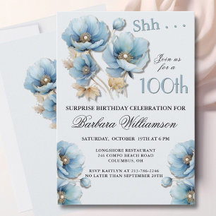 ÜBERRASCHUNG Elegante blaue Blumen zum 100. Geburt Einladung