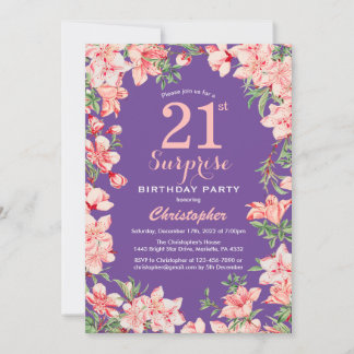 Überraschung Floral 21. Geburtstag Pink Blume Lila Einladung