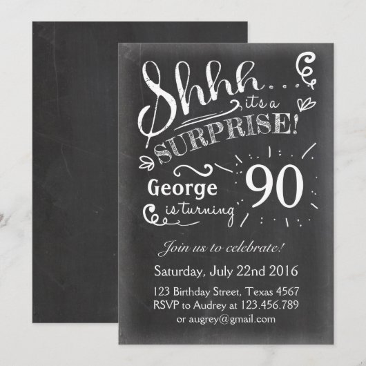 Überraschung Geburtstag Einladung 90 Chalkboard Ru (Vorne/Hinten)
