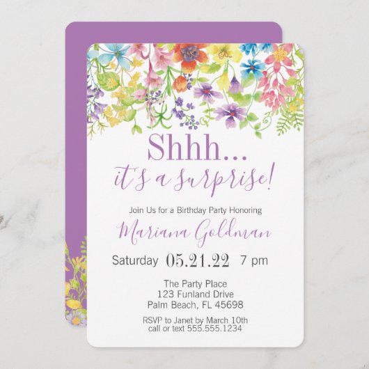 Überraschung Geburtstag Lila Wildblumen Party Einladung (Vorne/Hinten)